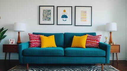 Cozy living room design urban home interior decor modern environment bright viewpoint colorful concept