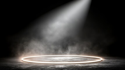 A flashlight and its beam illuminating a dark backdrop