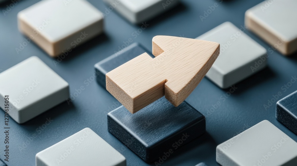 Poster wooden arrow on a keyboard with neutral-colored keys, symbolizing direction and guidance