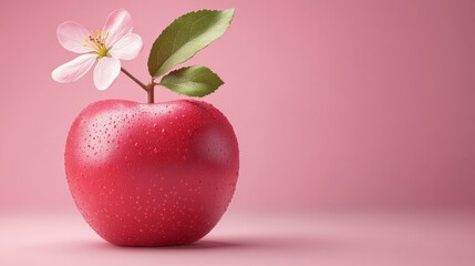 A red apple with a green leaf on top is sitting on a pink background