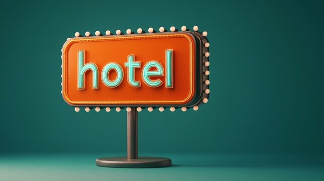 A green background featuring an isolated orange signboard with the text "Hotel," depicted in a 3D render with a minimalism theme