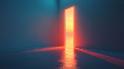 A room with a large open doorway and a bright orange light shining through it