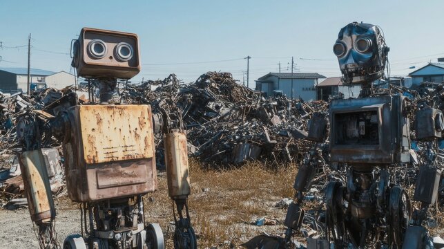 Rusty robots in a junkyard, industrial scene, possible use in sci-fi, environmental themes