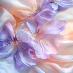 Soft blurred petals in the foreground. Gentle peach and lavender tones blend with light cotton fabric, creating a dreamy, elegant atmosphere.