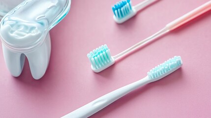 Close up top down view of dental hygiene tools like toothbrush floss for oral care