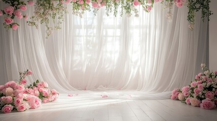 A studio setup for a photo shoot featuring a floral round arch and elegant light fabrics in the background