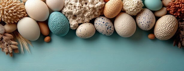 A frame featuring white and blue speckled Easter eggs and cherry blossoms on a light blue background. It conveys a happy Easter message. This is a straightforward spring design suitable for greeting