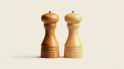 Minimalist wooden salt and pepper grinder set on neutral background with modern design