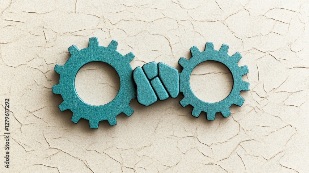 Poster two interlocking gears on textured background symbolizing teamwork and collaboration concept