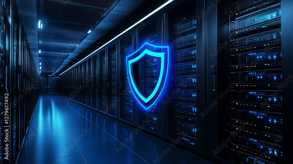 Poster a visual representation of a cybersecurity shield on a cloud server, indicating defense against cybe