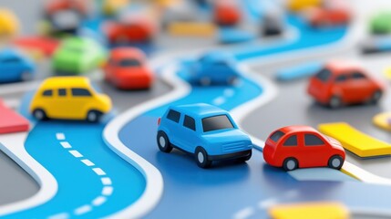 Colorful toy cars navigating a vibrant miniature road layout with various obstacles and scenery