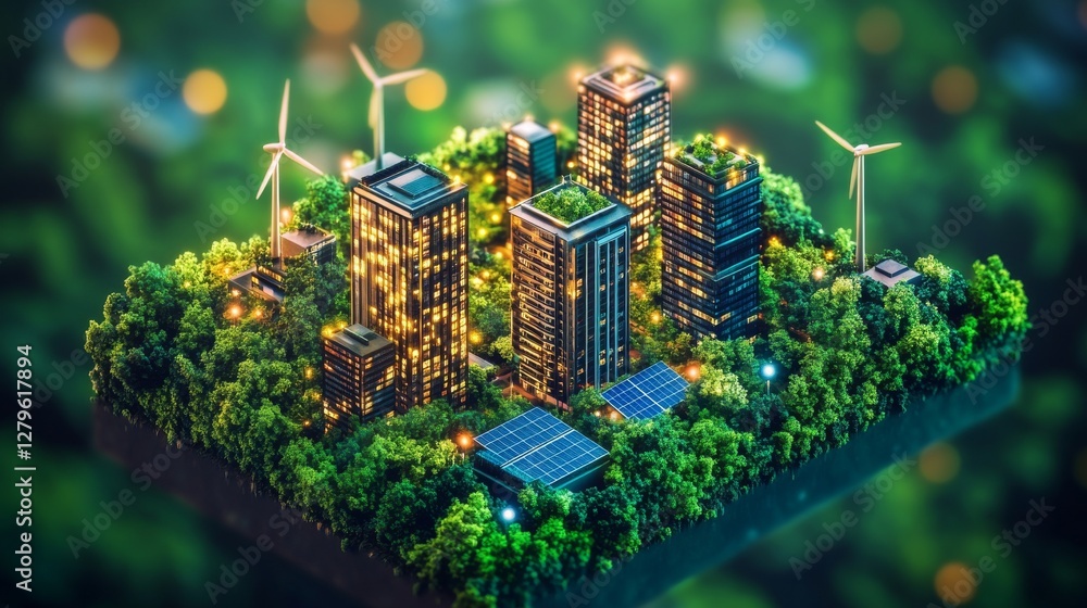 Poster an isometric image showing a european city's decarbonization roadmap, featuring data on a square dat
