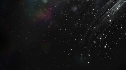 Colorful bokeh particles and sparkles scattered on dark cosmic background with glowing nebula effect and space for text
