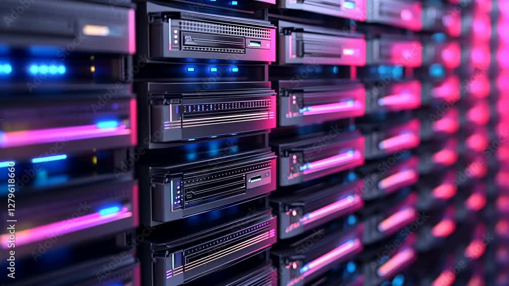 Poster server room data center with neon lights, powerful computing infrastructure