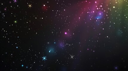 Fototapeta premium Colorful bokeh particles and sparkles scattered on dark cosmic background with glowing nebula effect and space for text