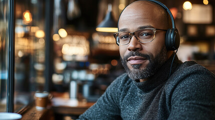 Obraz premium Man wearing headphones in a cozy cafe, enjoying music. Close-up portrait with blurry background. Relaxing at the coffee shop.