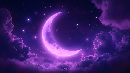 A crescent moon glows brightly in a violet night sky with fluffy clouds and a scattering of stars.