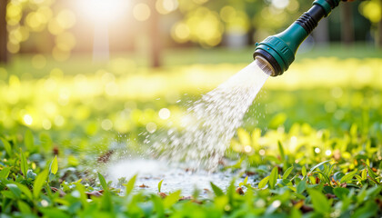 Garden hose spraying water on vibrant grass in lush greenery, ideal for gardening blogs and educational websites