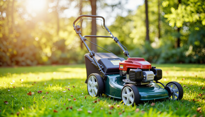Fototapeta premium Push lawn mower on freshly mowed grass with gentle sunlight filtering through trees, ideal for landscaping blogs and gardening presentations