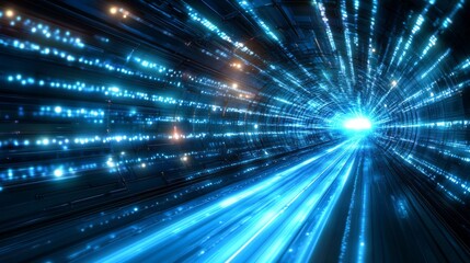 An abstract tunnel with a futuristic design, featuring blue neon lights, representing a time travel concept in the background