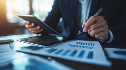 Fototapeta premium Business professional analyzes data using a tablet and graphs. He's focused, reviewing charts and figures with a pen in hand for strategic planning.