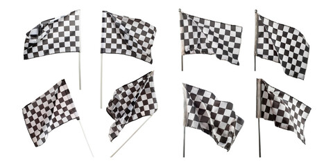 Checkered Flags Collection Displayed in Different Angles, PNG set collection, isolated on transparent background