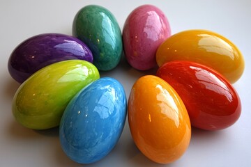 On a white surface, colorful dyed Easter eggs are organized into a rainbow circle