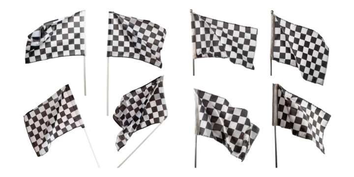 Checkered Flags Collection Displayed in Different Angles, PNG set collection, isolated on transparent background