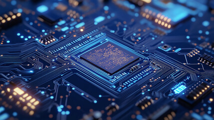 Obraz premium Close-up view of a complex electronic circuit board with intricate glowing blue pathways and a central processor, showcasing advanced technology.