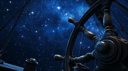 Fototapeta premium Ship's wheel at night, starry sky, navigation, adventure