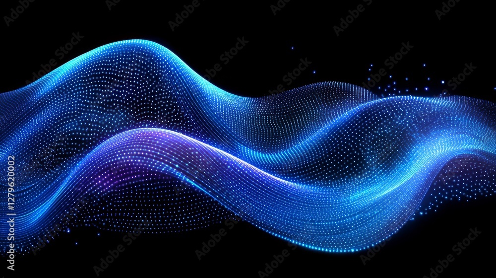 Poster a black background features a blue light trail with glowing particles, representing the swift transf