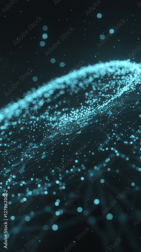 Poster abstract image of glowing blue particles and network-like structures on a dark background, symbolizi