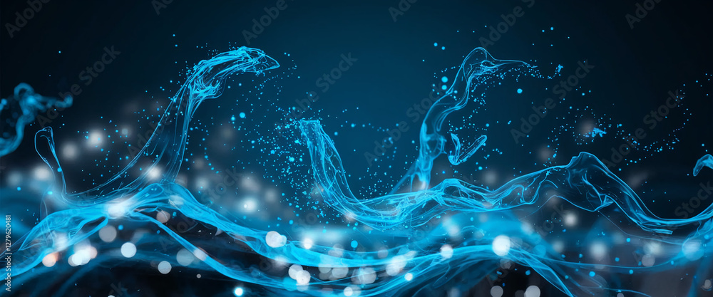 Poster a dynamic and vivid image of swirling blue liquid, creating abstract shapes and representing energy,