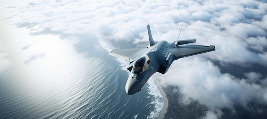 Top view of modern Fighting stealth multirole combat aircraft flying above clouds over deserted dry mountains and desert below. Military technology and defence industry concept