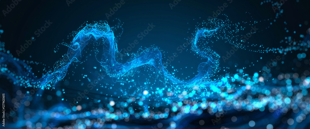 Poster a dynamic and vivid image of swirling blue liquid, creating abstract shapes and bokeh effects, symbo