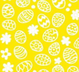 Flowers and Easter eggs in a seamless pattern against a yellow background
