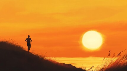 Silhouette runner sunset coastal landscape.  Possible use Motivational, inspirational stock photo