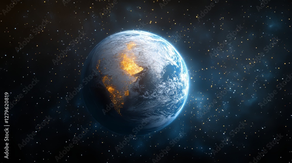 Poster a digital representation of a world globe, illustrating the idea of a global network and connectivit
