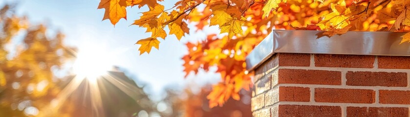 Autumn Leaves Illuminating a Brick Wall with a Glimmering Sunlight Background in a Scenic Outdoor Setting