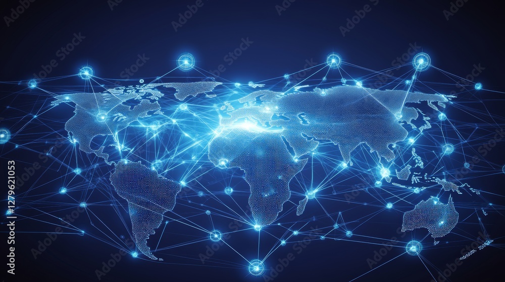 Poster an image of a colorful globe, featuring many lines and dots to represent people, and the word 