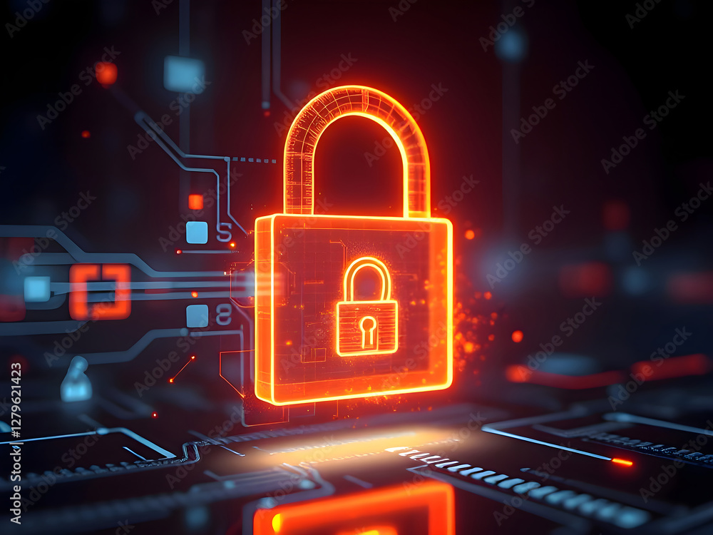 Aufkleber digital security concept with orange glowing padlock particle style design