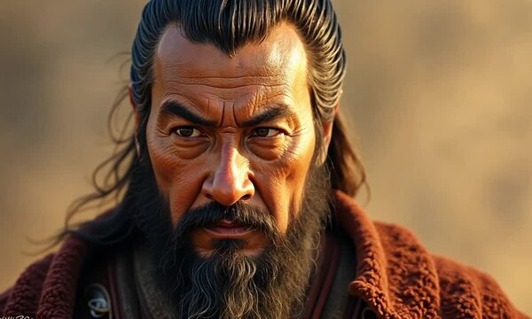 Portrait of Genghis Khan in Traditional Mongolian Attire
