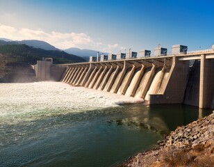 A massive hydroelectric dam with water flowing through its turbines, generating renewable energy.