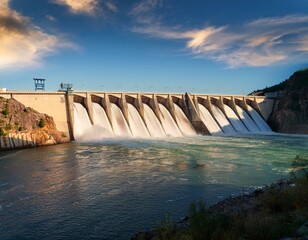 A massive hydroelectric dam with water flowing through its turbines, generating renewable energy.