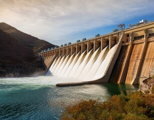 A massive hydroelectric dam with water flowing through its turbines, generating renewable energy.