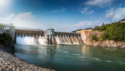 A massive hydroelectric dam with water flowing through its turbines, generating renewable energy.