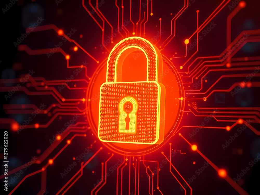 Poster digital security concept with orange glowing padlock particle style design