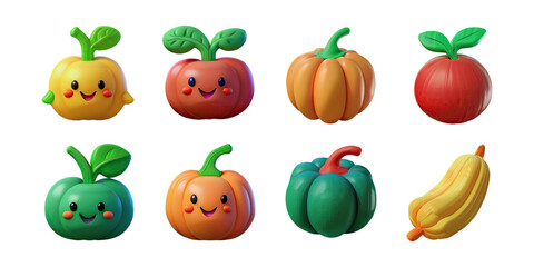 Cute Cartoon Fruits and Vegetables with Faces, PNG collection, set bundle, isolate on transparent or white background