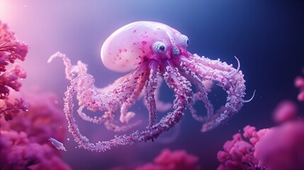 Pink octopus in a vibrant underwater scene.  Surrounded by pink coral, it glows with ethereal beauty.