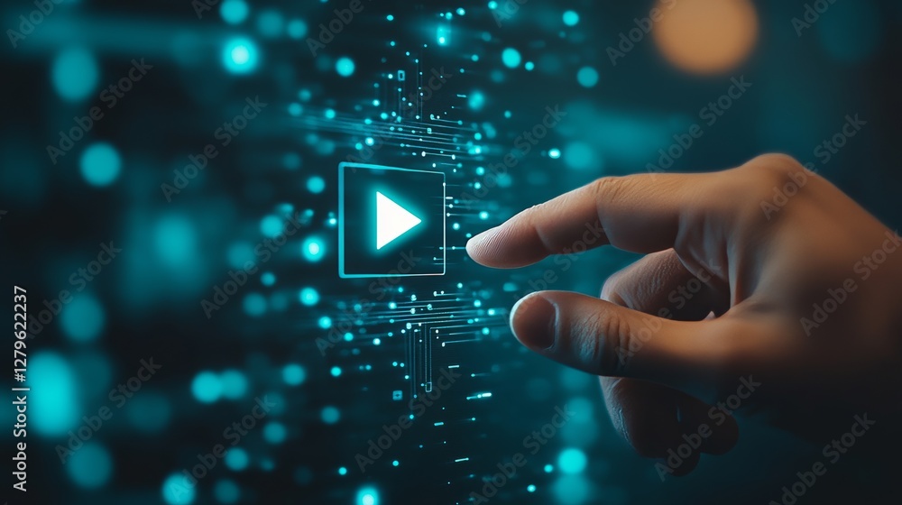 Poster a hand taps a digital play button with a circuitry design